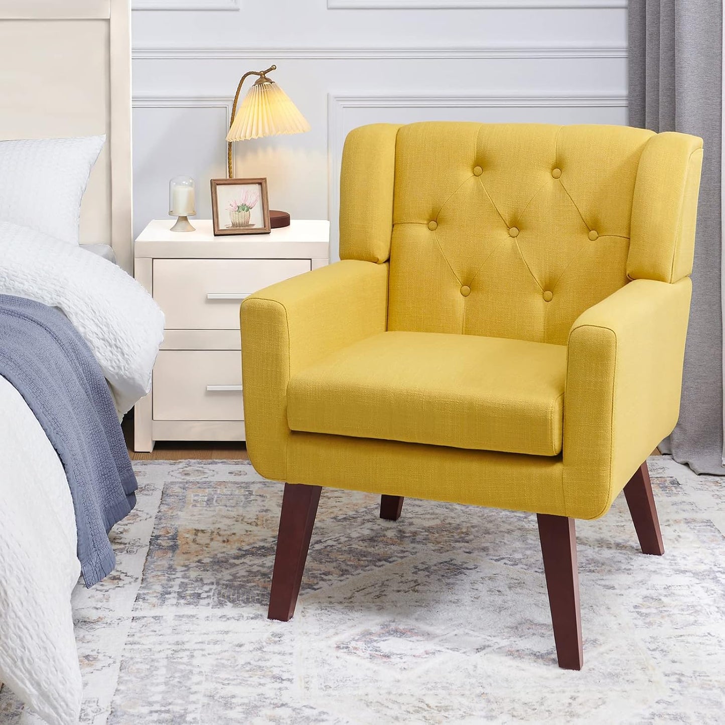 Accent Chair Button-Tufted Upholstered Living Room Chairs Comfy Reading Chair Mid Century Modern Chair with Linen Fabric Lounge Arm Chairs for Living Room Bedroom (Yellow)
