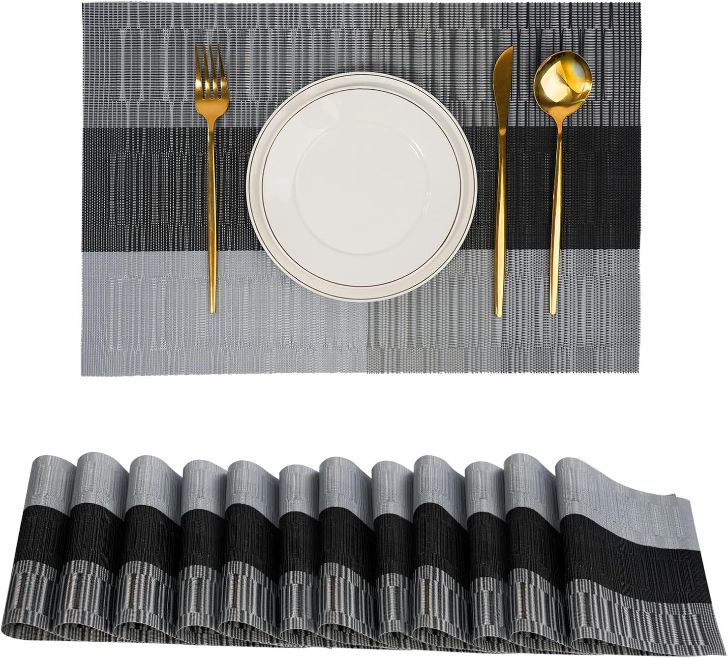 Placemats Set of 12,Non-Slip PVC Weave Table Mats Easy to Clean,Heat Resistant Place Mats for Kitchen Dining Table Decoration Indoor Outdoor,Black Gray