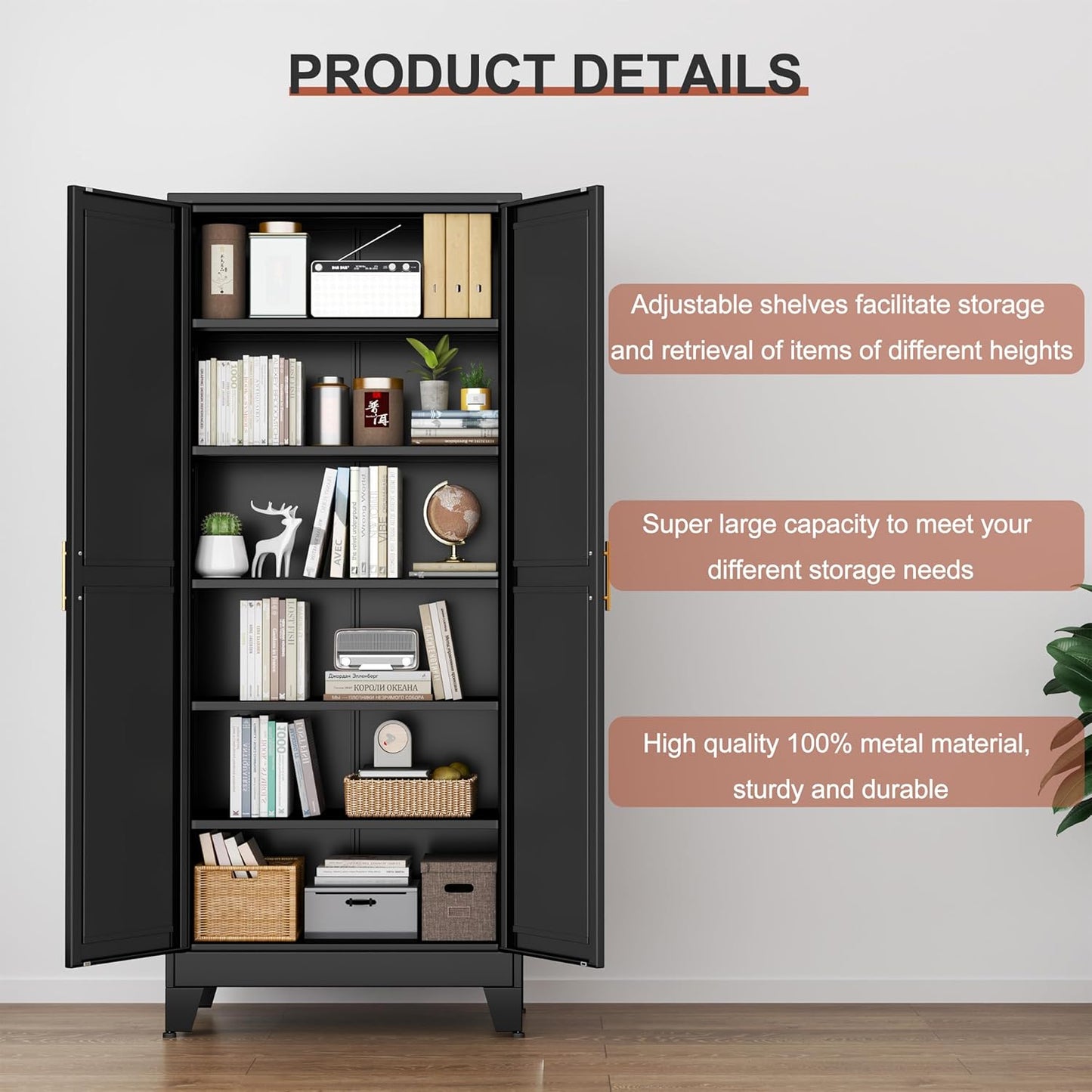 Kitchen Pantry Storage Cabinet with Doors and Adjustable Shelves, Metal ClosetMaid Food Pantry Cabinets, 75" Tall Freestanding Cupboard for Kitchen, Laundry or Utility Room, Black