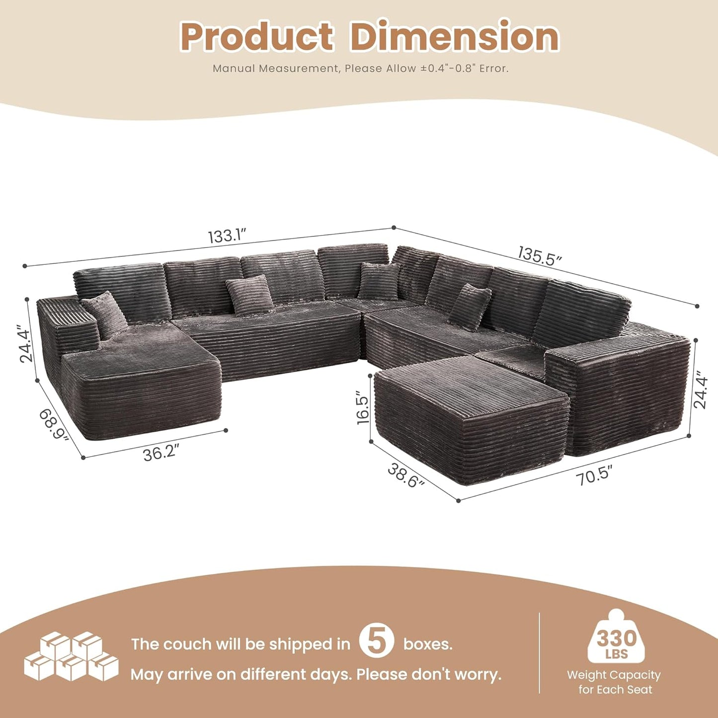 HOOOWOOO Cloud Sectional Couches for Living Room,Modular Sectional Sofa No Assembly,136X133 Inch Plush Corduroy Large G Shaped Floor Couch Set with Deep Seat Chaise Ottoman(Gray)