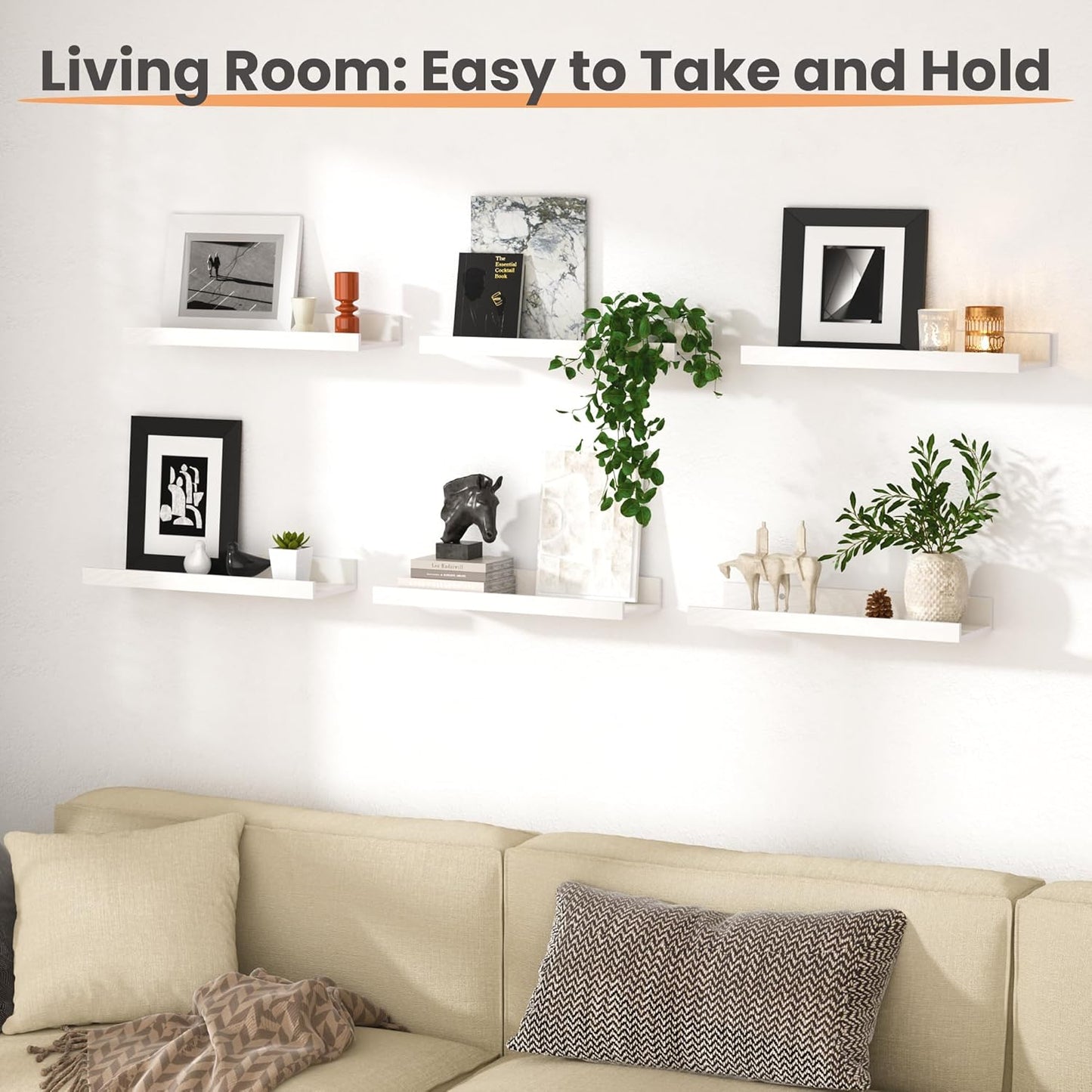 upsimples Floating Shelves for Wall, Wall Shelves for Decor Storage Set of 6, Wall Mounted Wood Shelf for Bedroom, Living Room, Bathroom, Kitchen, Picture Ledge Shelf, White