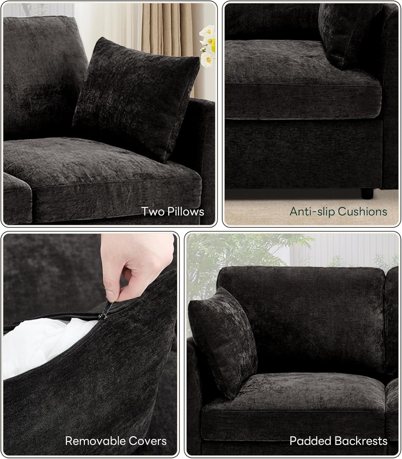 Tbfit 59" Loveseat Sofa, Chenille Small Sofa Couch, Love Seat with 2 Pillows for Small Space, Bedroom & Living Room, Black