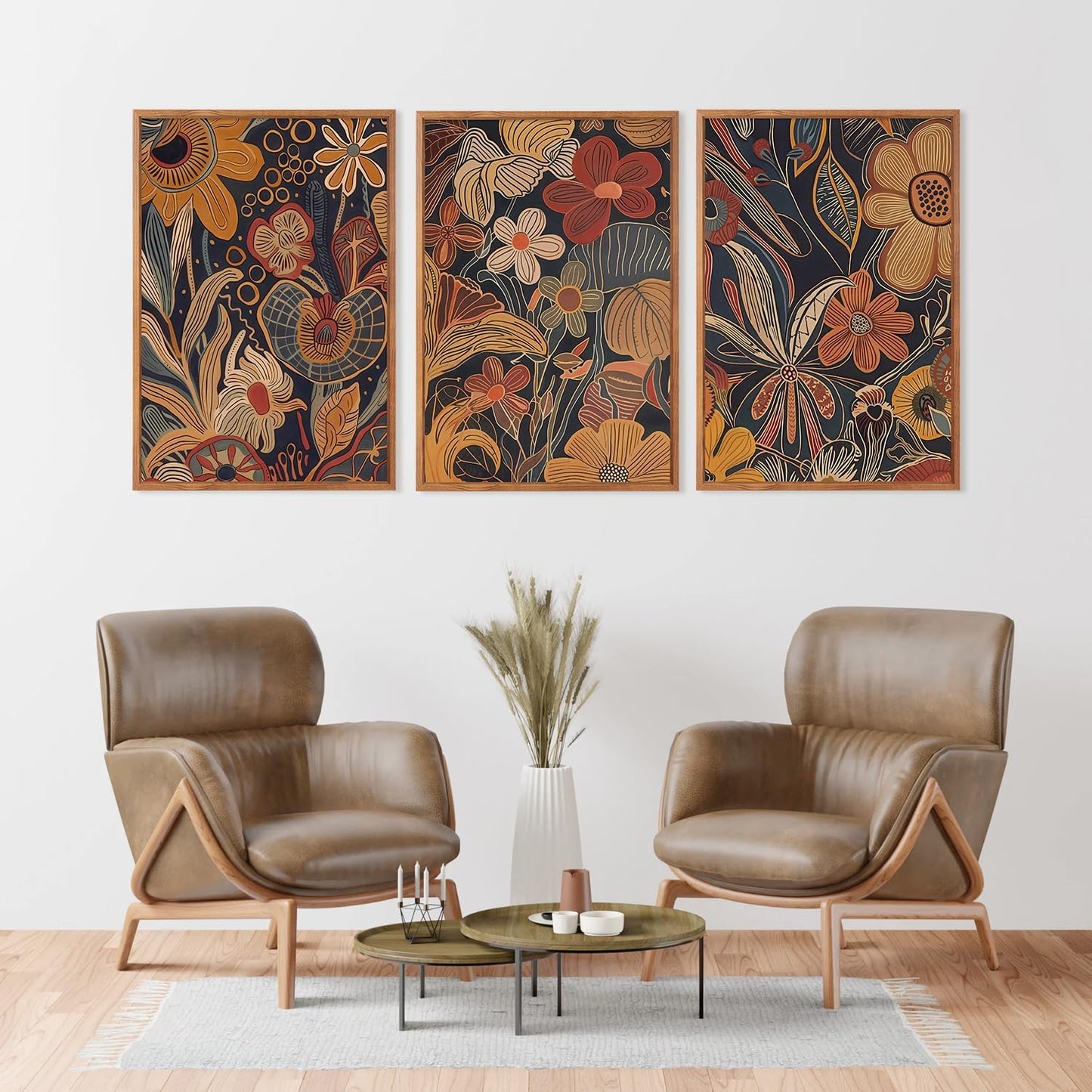 Aurlan Burnt Orange Wildflowers Botanical Wall Art Set(16"x24"), 3 Pieces Abstract Floral Blossom Framed Canvas Artwork, Large Mid Century Modern Boho Nature Wall Decor for Office Bedroom Living Room