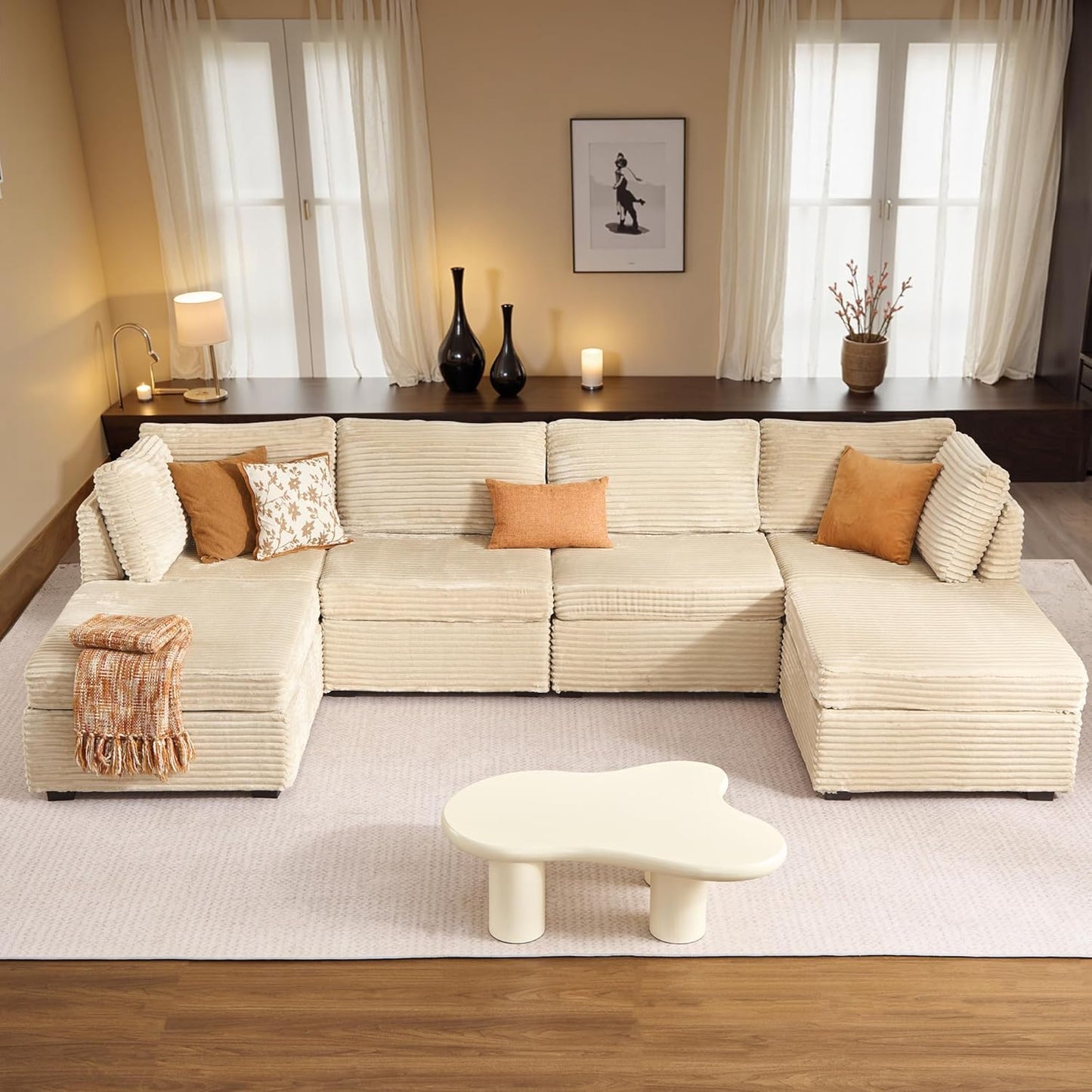 HOOOWOOO Modular Sectional Sofa,6 Pieces Sectional Couches for Living Room,131X66 L Shaped Cloud Couch with Ottoman Chaise Set(Beige Velvet Corduroy)