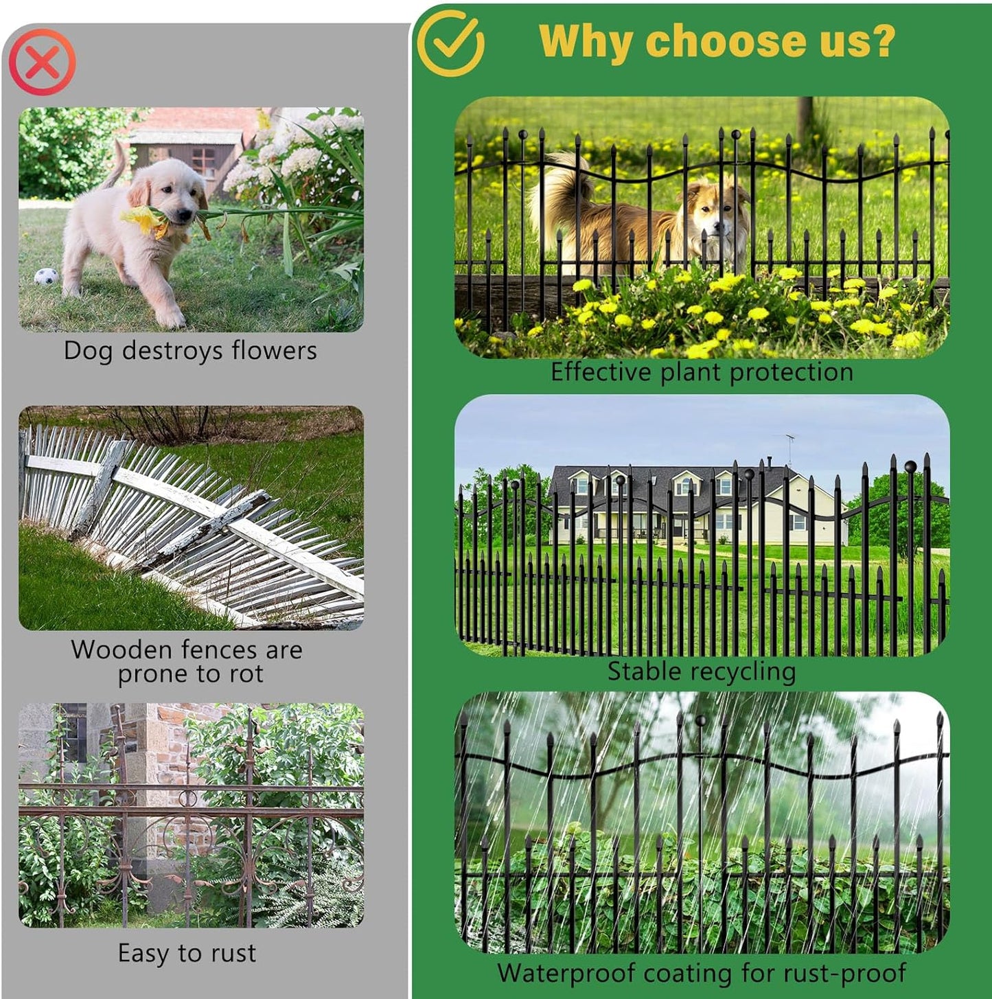 5 Panels No Dig Decorative Garden Fence with Gate, 24in(H) × 11ft(L) Heavy-Duty Rustproof Metal Panels, Outdoor Dog Barrier for Yard & Patio, Landscape, Border| Portable Temporary Fencing