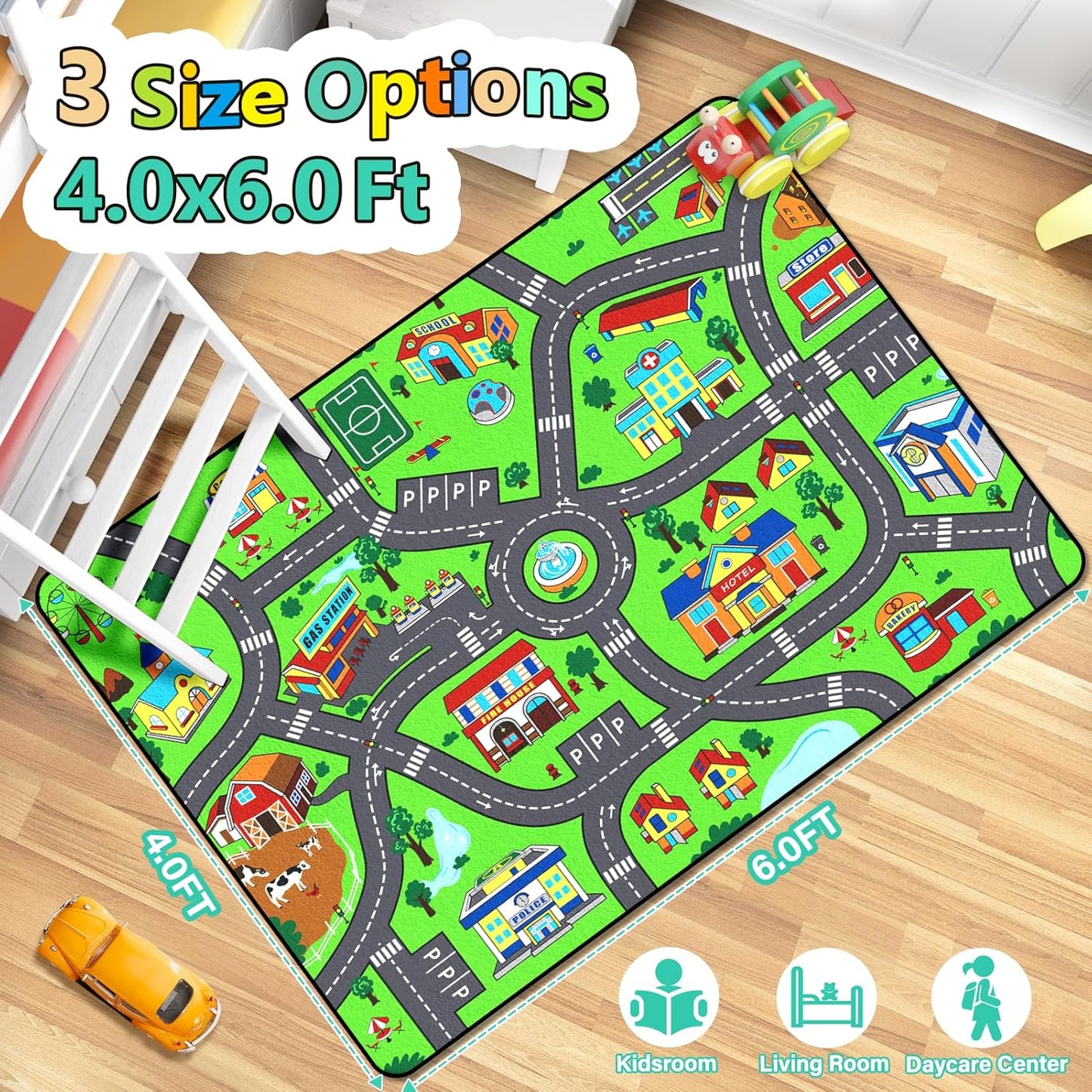 Road Car Rug,City Road Rug for Kids,4x6 Ft Kids Floor Play mat,and Car Carpet Play Mat with Realistic Colors – Perfect for Children and Non-Slip for Classroom,Playroom and Bedroom