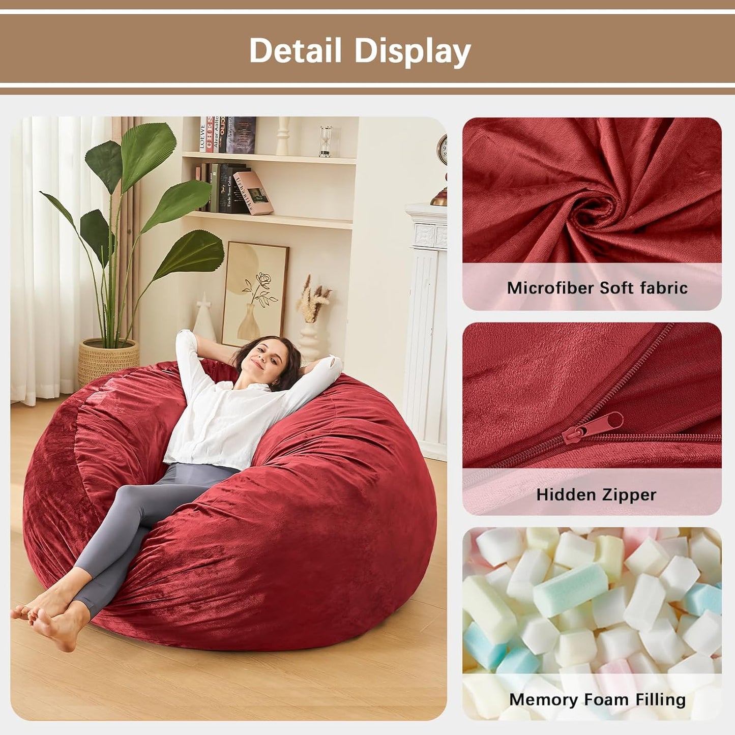 Bean Bag Chairs for Adults - Memory Foam Furniture BeanBag Chair - Kids/Teens Sofa with Soft Micro Fiber Cover - Round Fluffy Couch for Living Room Bedroom College Dorm - 3 ft, Red