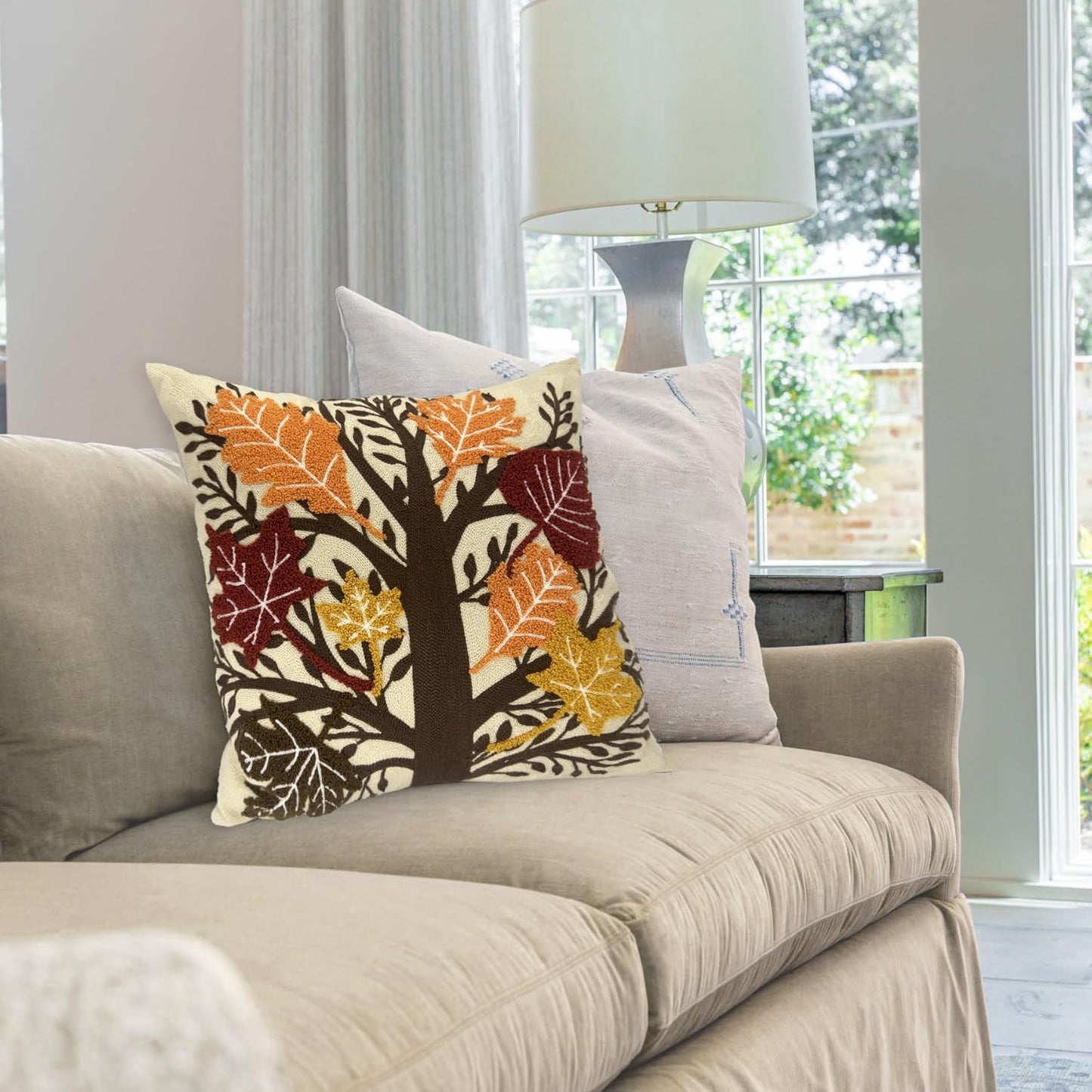Alysheer Embroidered Fall Decorative Throw Pillow Cover 18"x 18", Boho Farmhouse Cottage Tufted Embroidery Pattern Cotton Canvas Orange Cushion Case for Sofa Couch Bed Living Room Decor(Maple Leaves)