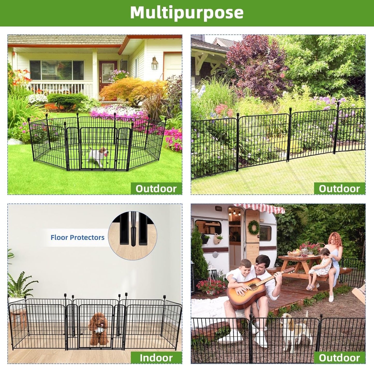 ADAVIN 40 in(H) Garden Fence with Low Threshold Door, Dog Fence Outdoor for Yard, 8 Panels Total 17.7 Ft(L) Dog Playpen,Black Metal Dog Play Pen Indoors, Pet Puppy Playpen for Camping, Dog Fencing