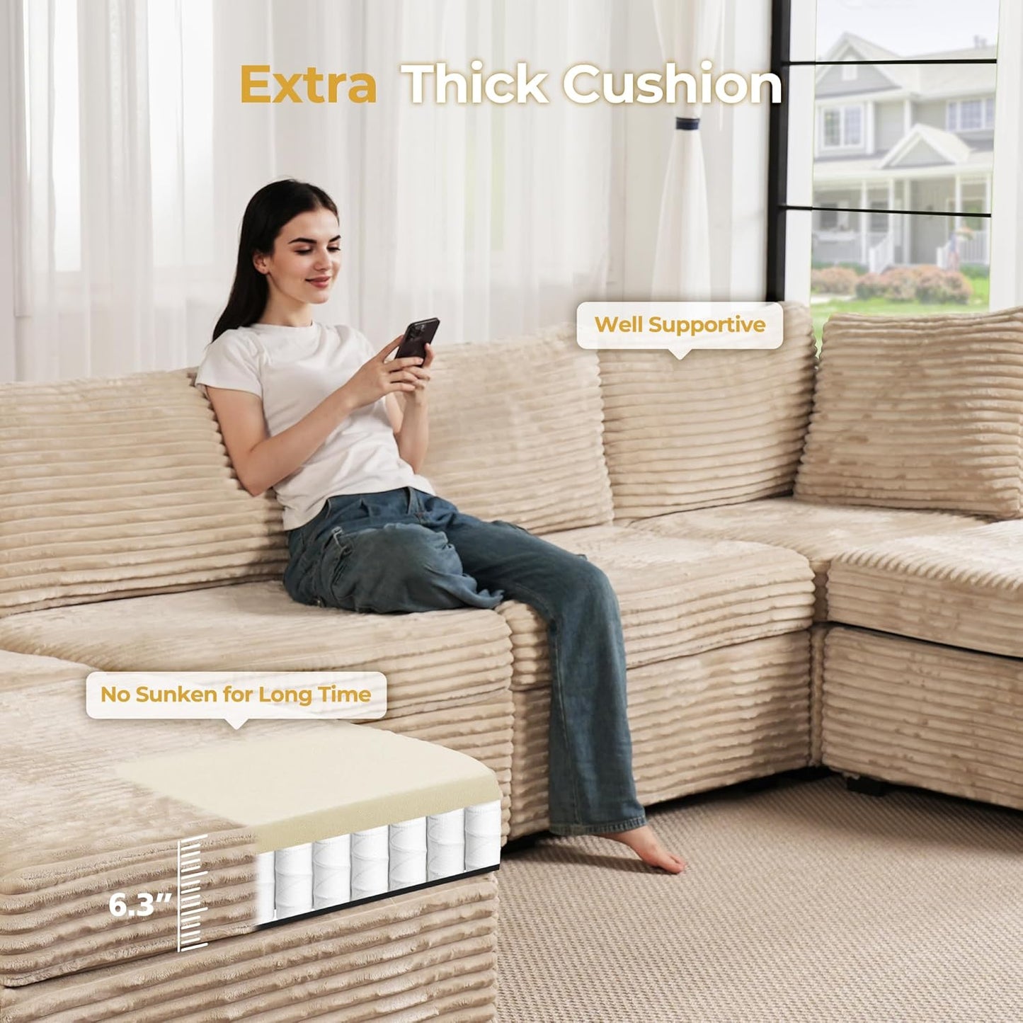 HOOOWOOO Modular Sectional Sofa,8 Pieces Sectional Couches for Living Room,131X98 G Shaped Cloud Couch with Ottoman Chaise Set(Beige Velvet Corduroy)