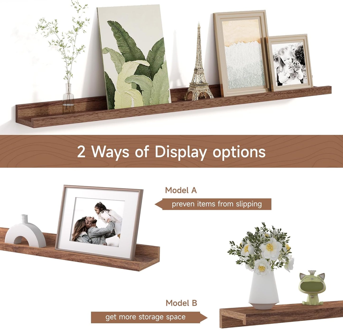 Picture Ledge Shelf for Wall, Floating Shelves Set of 4, 36 Inch Long Nursery Book Shelves for Toys Storage, Kids Bookshelf Wall Mounted for Books Photo Frames, Walnut