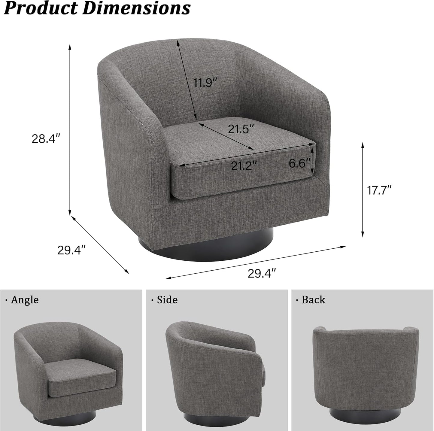 Swivel Barrel Accent Chair, Modern Round Linen Arm Chair for Living Room, Bedroom, Comfy Club Reading Chairs for Adults(Linen Fabric, Grey, Set of 4