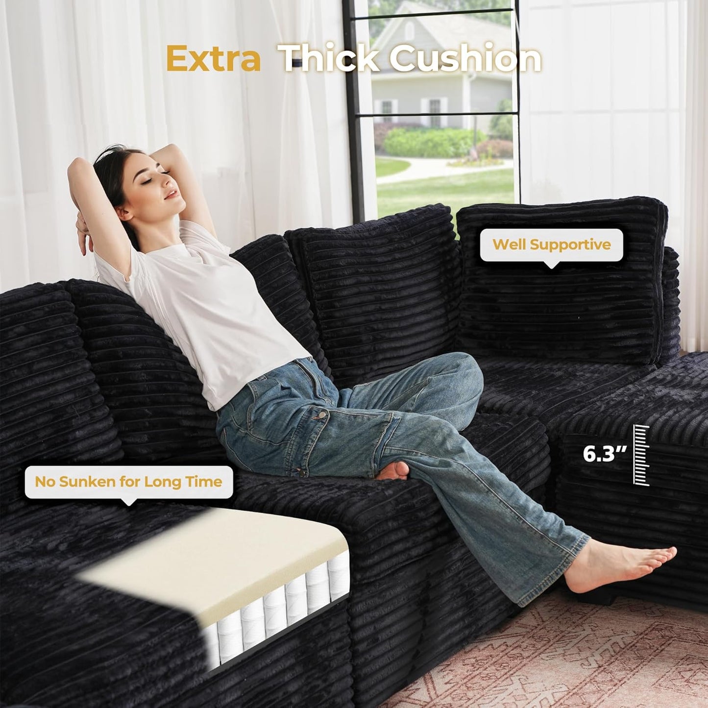 HOOOWOOO Modular Sectional Sofa,7 Pieces Sectional Couches for Living Room,131X98 U Shaped Cloud Couch Set(Black Velvet Corduroy)