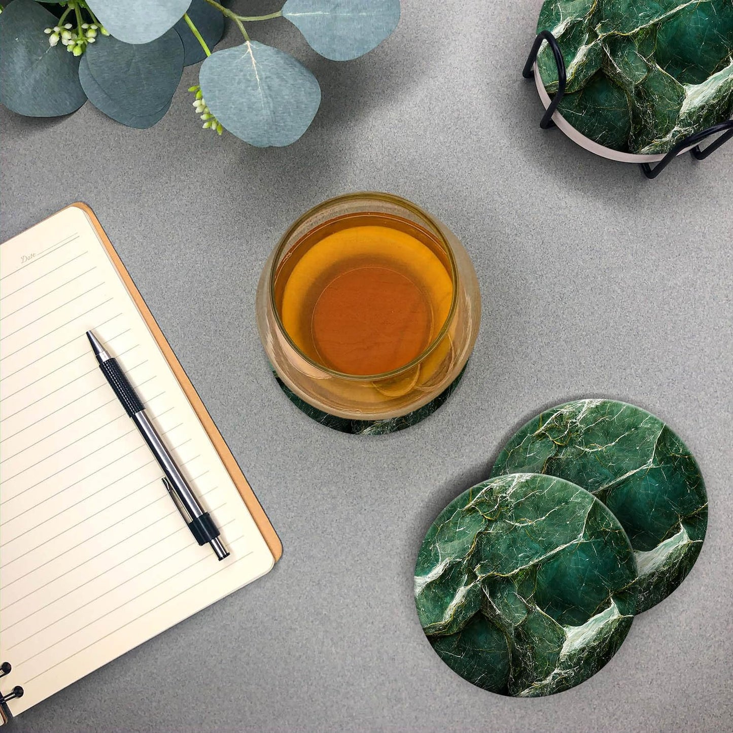 Emerson Coasters for Drinks Absorbent – Dining Table Set of 6 with Holder, 100% Ceramic Wooden Tabletop Protection Marble Style - Non Slip & Cork Bottom - Heavy Duty (Green Marble)