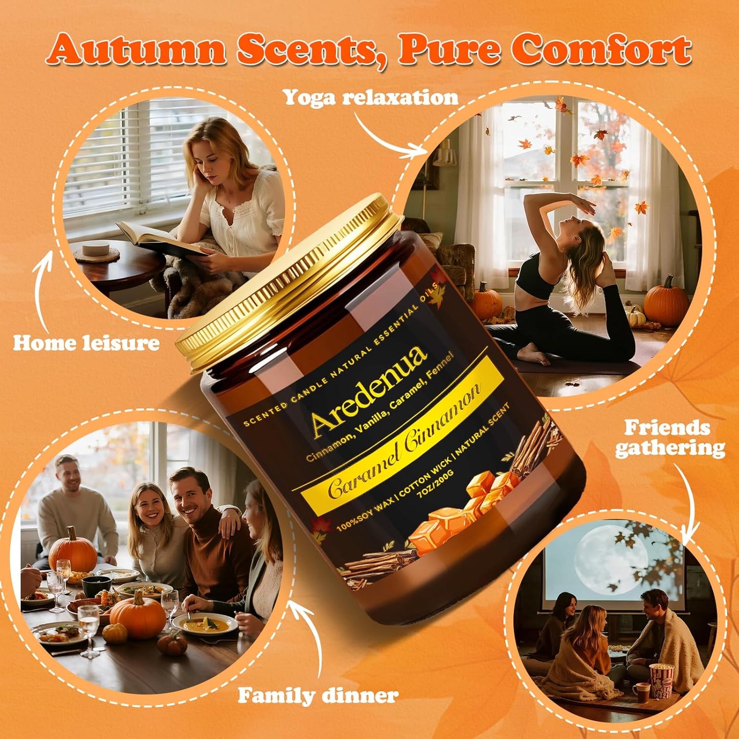 Caramel Cinnamon Candle - Fall Candle | Cinnamon Scented Candles for Autumn, 7oz Fall Soy Candles for Home Scented, 50 Hours Burn Time, Cozy Season/Halloween/Thanksgiving/Autumn Gifts for Women Men