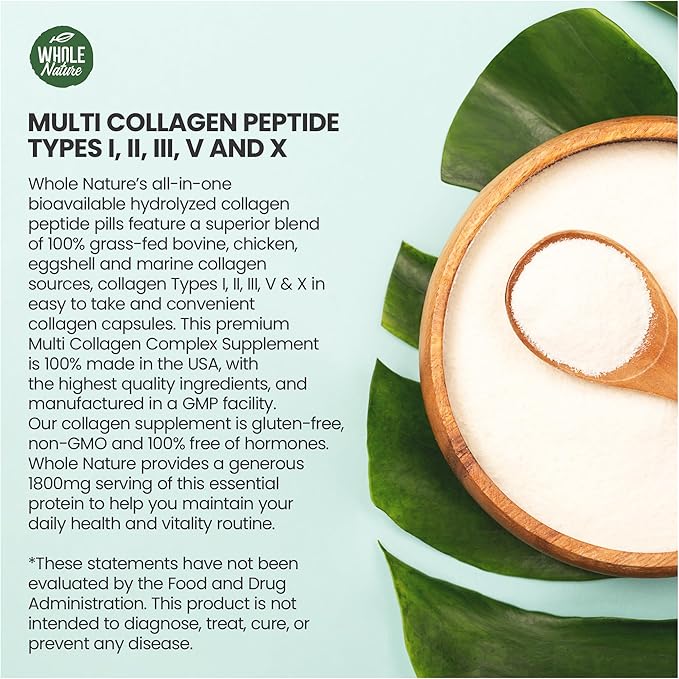 Multi Collagen Protein Peptides Supplement Capsules - 1800mg Collagen Complex Types I, II, III, V, X - Joint Support, Healthy Hair, Skin, Nails, Beauty Vitamins, 100% Natural, Non-GMO 90ct (1)