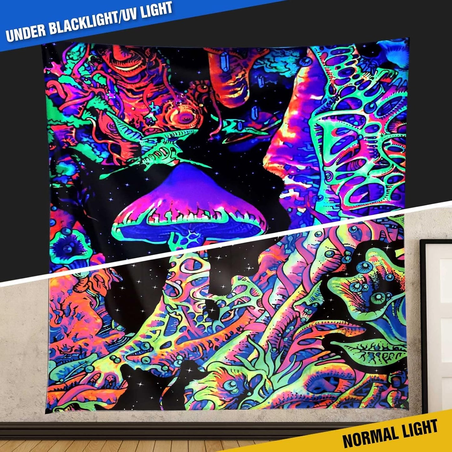 ADDWel Blacklight Mushroom Tapestry, Upright Tapestry Glow In The Dark, UV Reactive Black Light Tapestries Posters Wall Hanging for Bedroom Dorm Living Room Backdrop Decor (mushroom, 30" x 40")