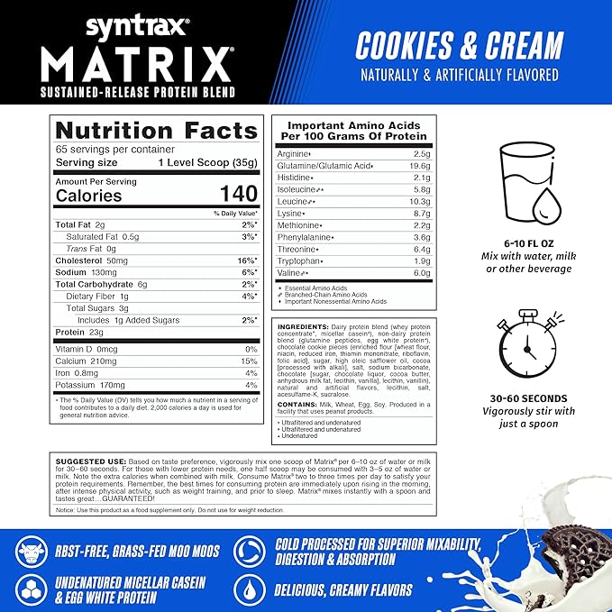 Syntrax Nutrition Matrix Protein Powder, Sustained-Release Protein Blend, Real Cookie Pieces, Cookies & Cream, 5 lbs