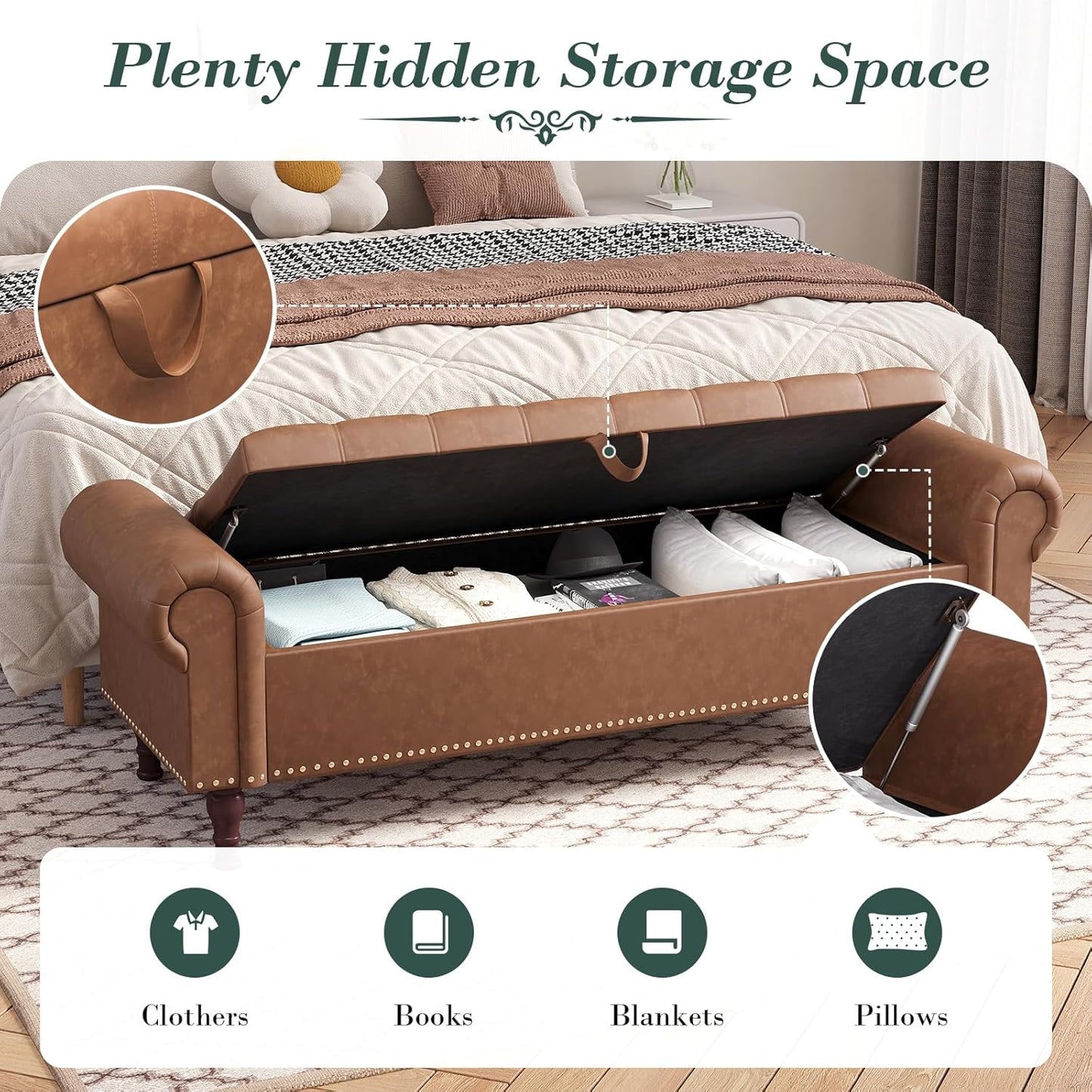 Apicizon 60”Ottoman with Storage, Queen Size End of Bed Storage Bench with Tufted Button, Upholstered Sitting Bench for Front Door Entrance,Bedroom,Dining Room, Entryway,Vintage Brown