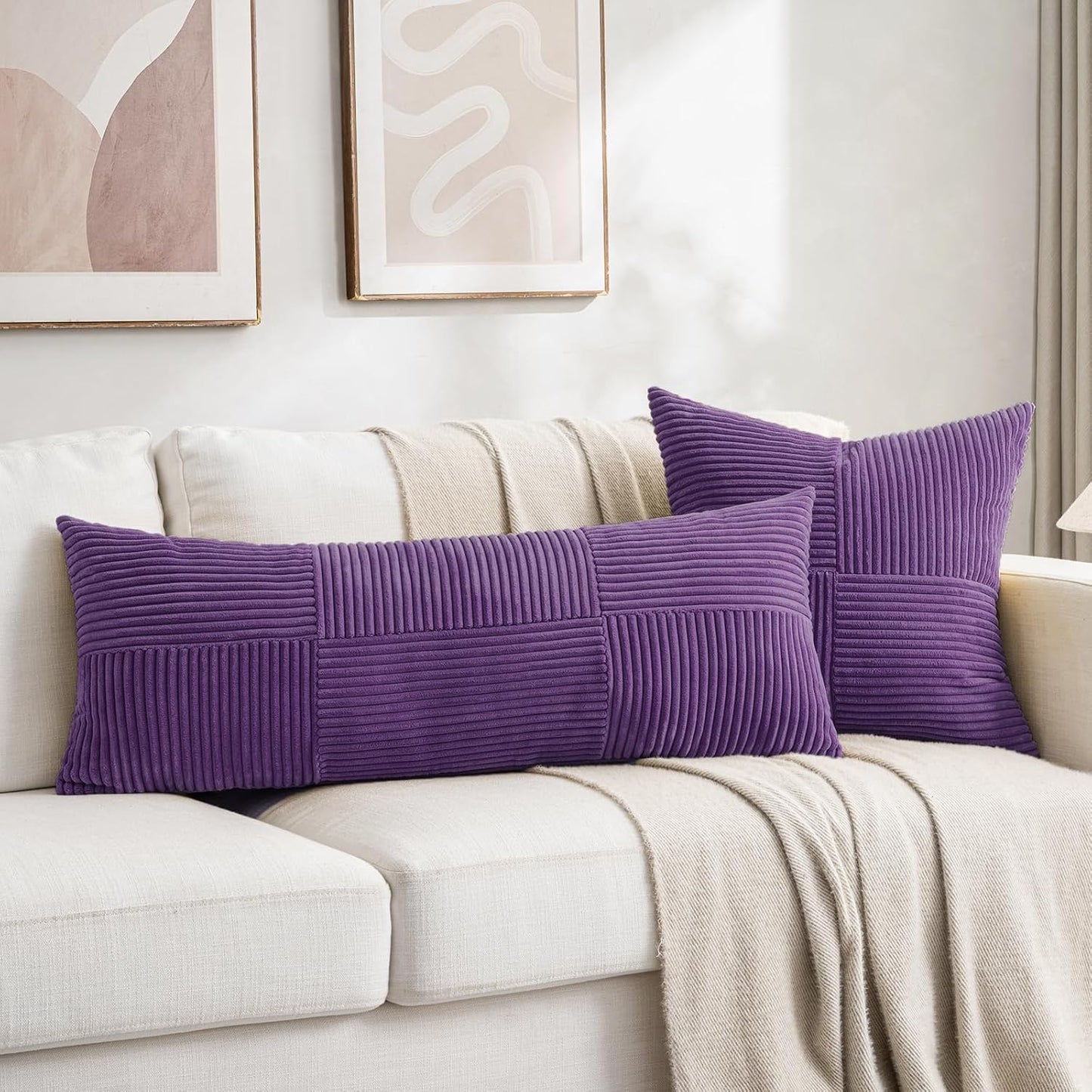 Fancy Homi 2 Packs Purple Decorative Throw Pillow Covers 22x22 Inch for Living Room Couch Bed, Farmhouse Boho Home Decor, Soft Corss Corduroy Patchwork Accent Square Cushion Case 55x55 cm