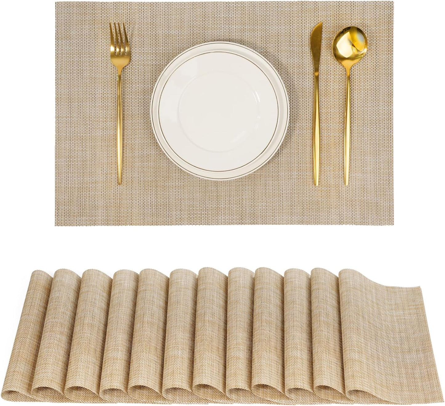 Placemats Set of 12,Non-Slip PVC Weave Table Mats Easy to Clean,Heat Resistant Place Mats for Kitchen Dining Table Decoration Indoor Outdoor,Beige