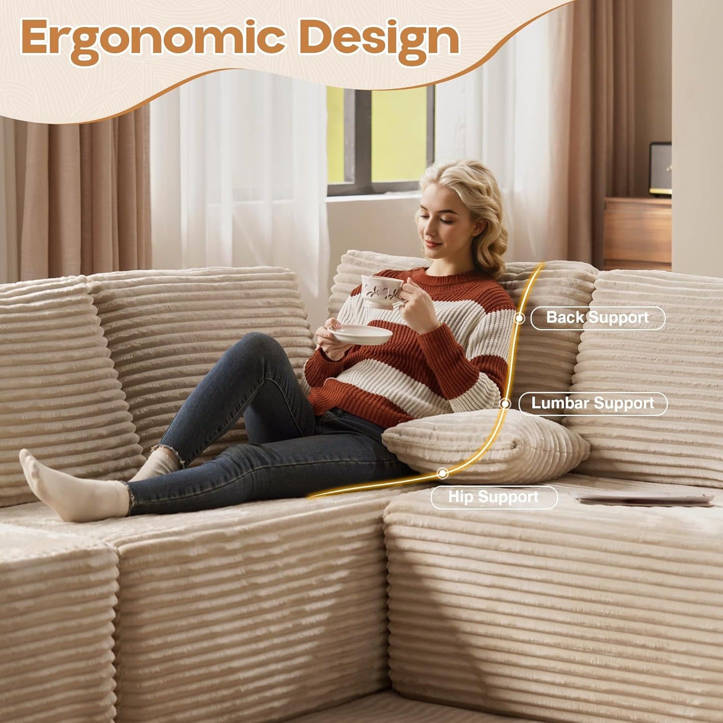 Cloud Sectional Couches for Living Room,U Shaped Modular Sofas No Assembly,133x68 Inches Plush Corduroy Oversized Floor Couch Set with Deep Seat Chaise,Beige