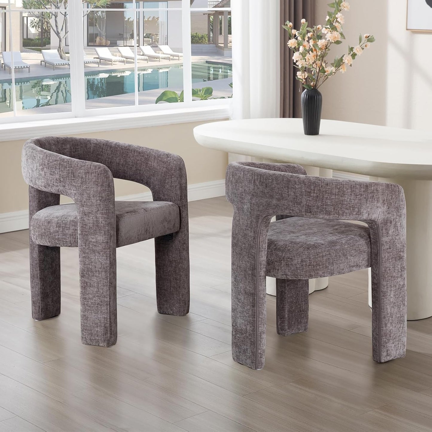 Charcoal Grey Chenille Dining Chairs Set of 2, Modern Barrel Dining Room Chairs Upholstered Accent Chair with Arms and Round Back for Living Room Kitchen Armchair No Assembly Needed