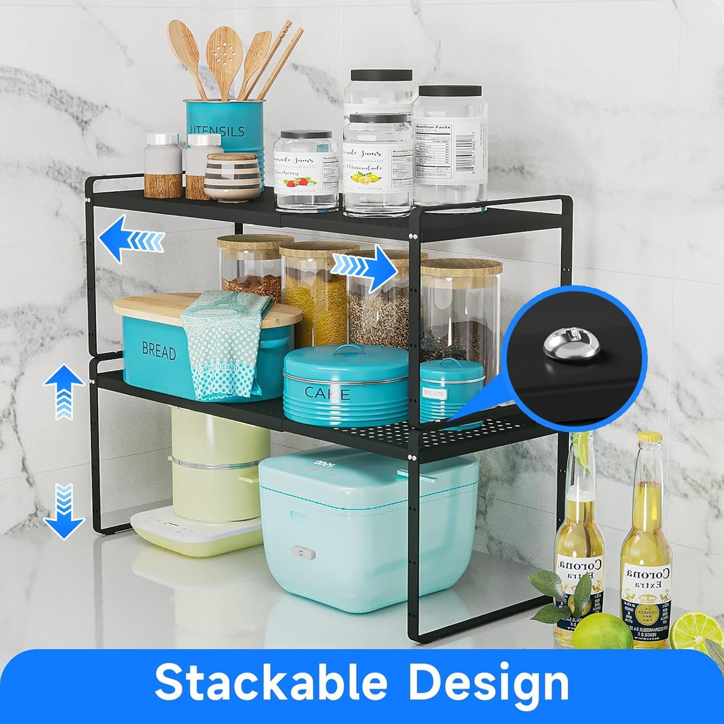 Expandable Cabinet Shelf Organizers, Kitchen Small Stand Rack Organization for Countertop Cupborad Pantry, Black 1 Pack