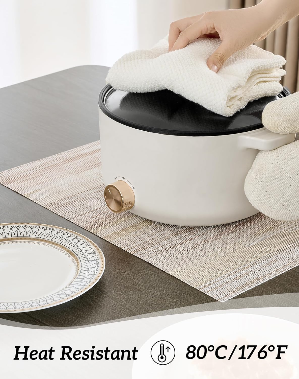 Leetaltree Lightsteel Beige with Yellow Placemats Set of 8 - Heat Resistant Non-Slip Place mats for Dining Table, Washable Durable PVC Vinyl Woven Table Mats (Lightsteel Beige with Yellow, 8)