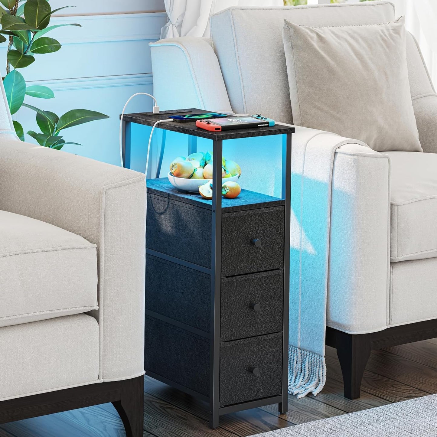 TUTOTAK Narrow LED Night Stand with Charging Station, Slim End Table with Plugins, Tall Side Table with 3 Fabric Drawer, Small Bedside Table with Storage, for Living Room, Black TB01BK086L
