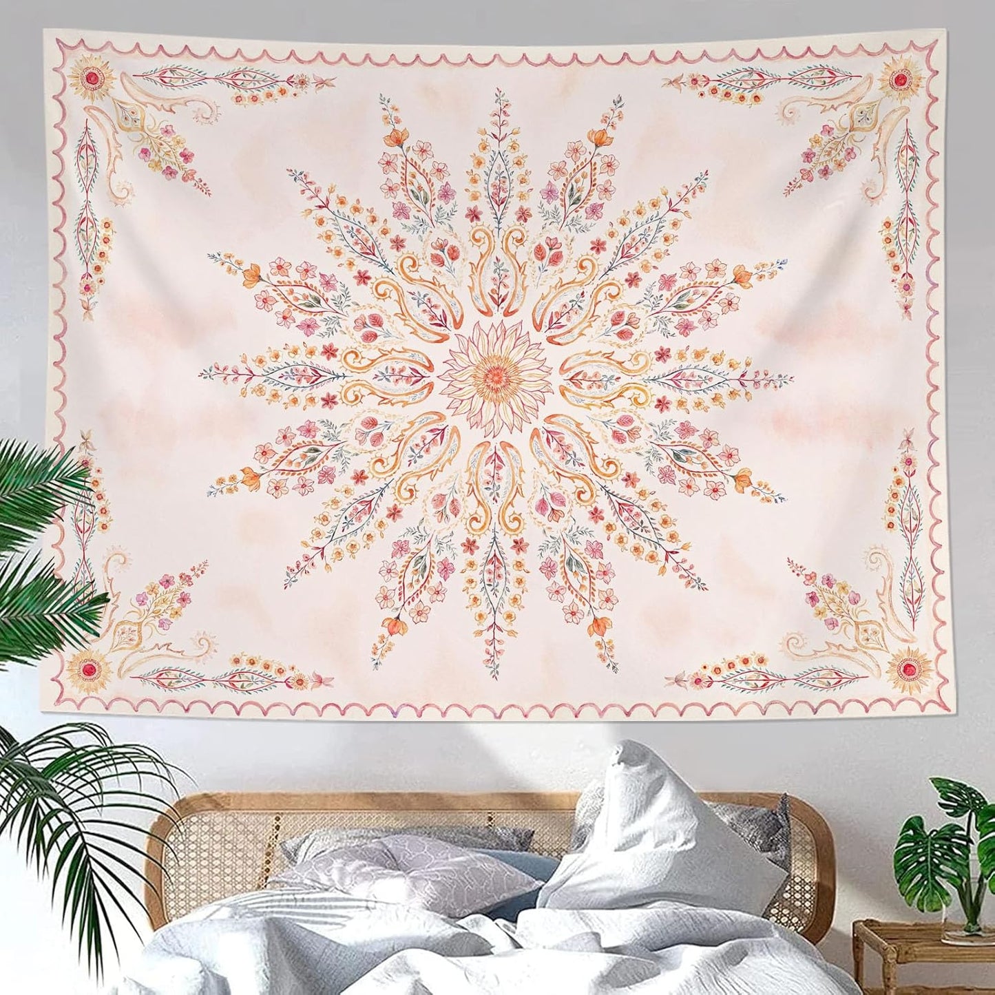 Fowocu Boho Floral Mandala Tapestry for Bedroom Aesthetic Pink Bohemian Flower Wall Tapestry Watercolor Hippie Indian Tapestries Wall Hanging for Living Room Dorm Decor 60 x 44 Inch