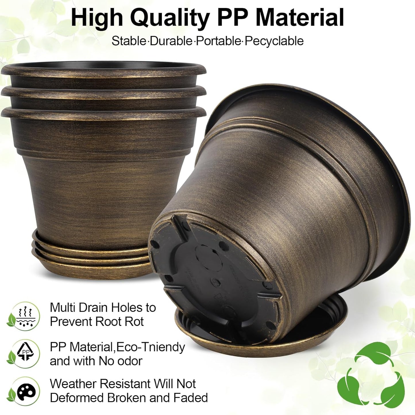 16 inch Plant Pots Outdoor Planters,4 Pack Large Plastic Flower Pot for Indoor Plants with Drainage Holes & Saucer, Resin Decorative Container Sets with Trays for House Outdoor Garden Plant Dark Gold