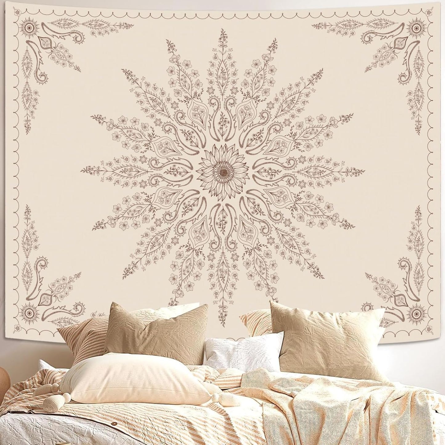 Fowocu Boho Floral Mandala Tapestry for Bedroom Aesthetic Bohemian Flower Wall Tapestry Beige Hippie Indian Extra Large Tapestries Wall Hanging for Living Room Dorm Decor 90 x 68 Inch