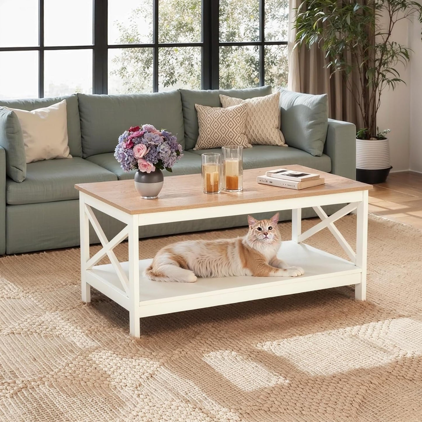 ALPHA HOME Coffee Table with Storage, Farmhouse Coffee Tables for Living Room 2-Tier Modern Coffee Table, Ivory