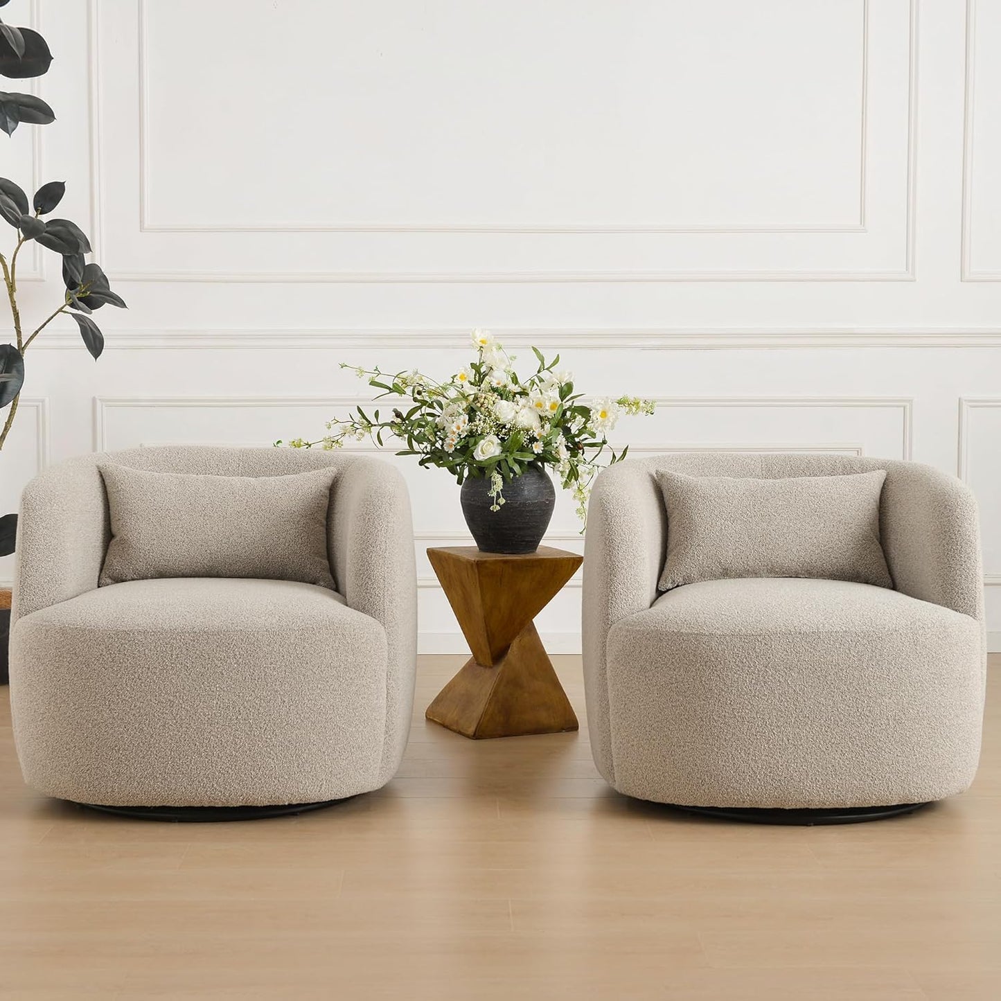 KINWELL 34" Wide Sherpa Swivel Barrel Chairs Set of 2, No Assembly Round Boucle Upholstered Accent Chairs Armchairs Single Sofa Chair with Toss Pillow for Living Room and Bedroom, Taupe
