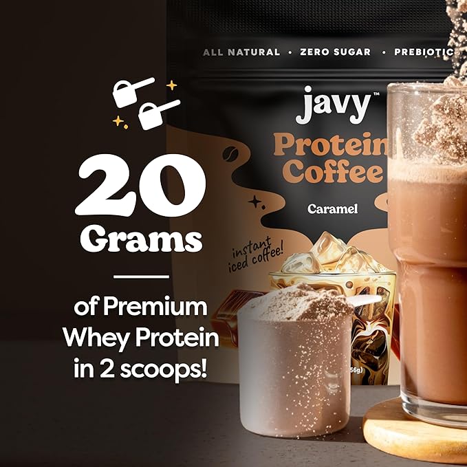 Javy Caramel Protein Coffee - Premium Whey Protein & Instant Iced Coffee - 100% Arabica Coffee - Zero Artificial Flavors & Sweeteners, 6 Servings