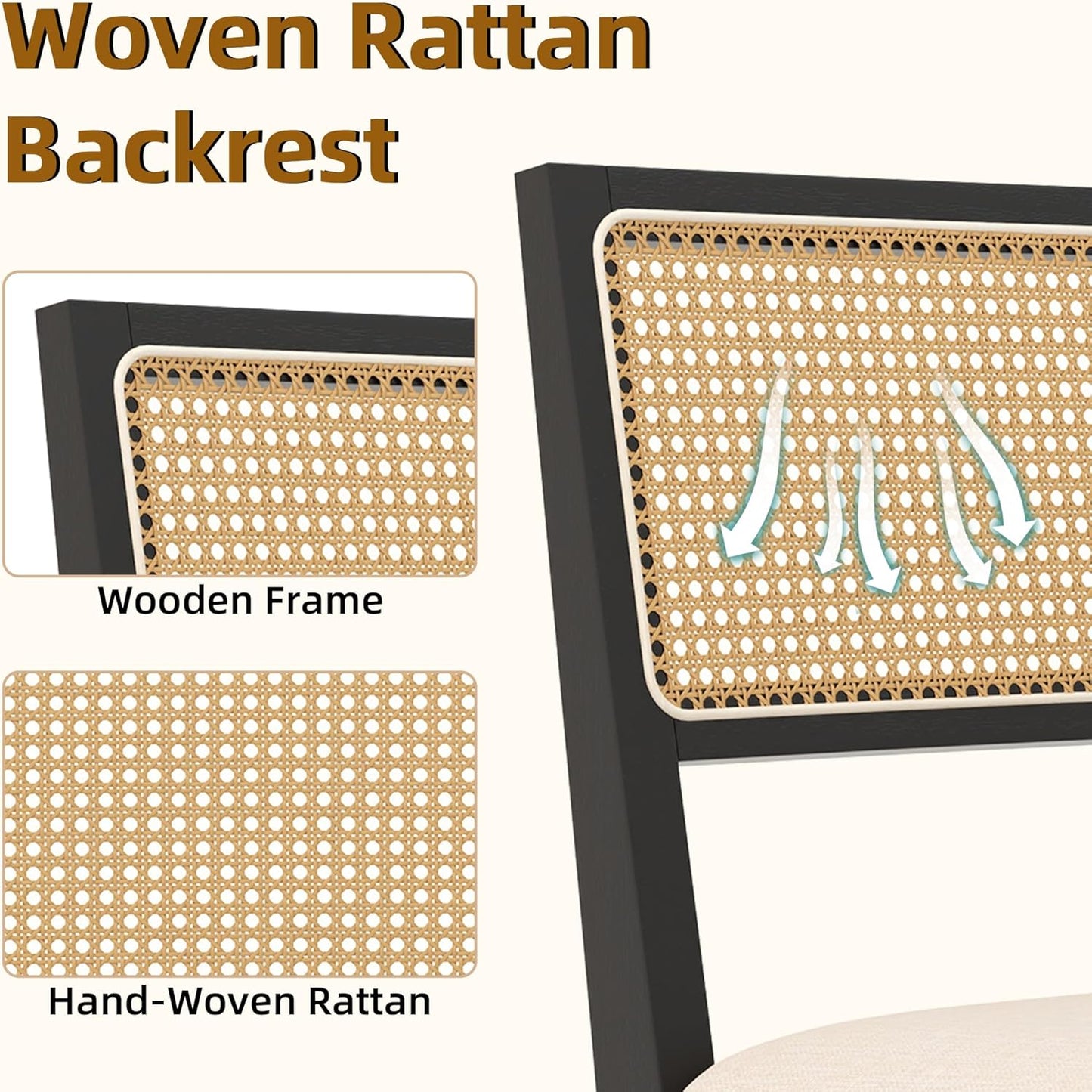 Westice Rattan Dining Chairs Set of 6, Farmhouse Natural Dining Room Chairs with Upholstered Cushion, Wood Armless Chairs for Kitchen/Restaurant, Black