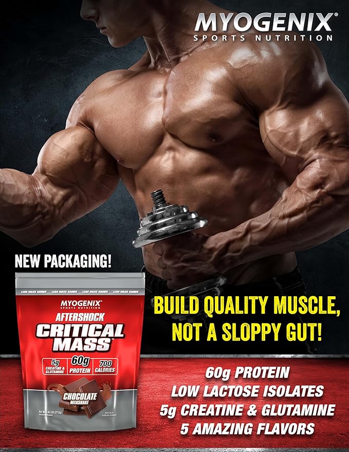 Myogenix Critical Mass Gainer Supplement Aftershock Banana Milkshake Flavored Muscle Mass Weight Gain Supplement, Zero Lactose Weight Gainer Protein Powder, Anabolic Whey Protein (5.62 lbs)