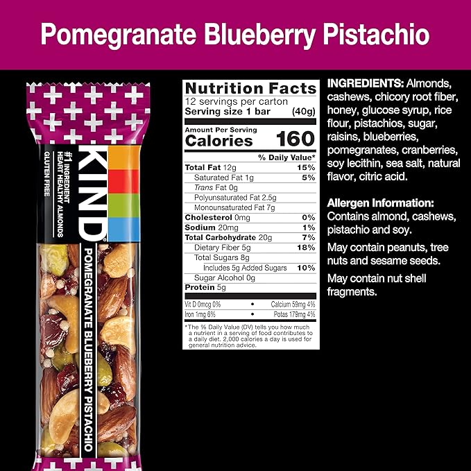 KIND Bars, Pomegranate Blueberry Pistachio, Healthy 5g Protein 12 Count