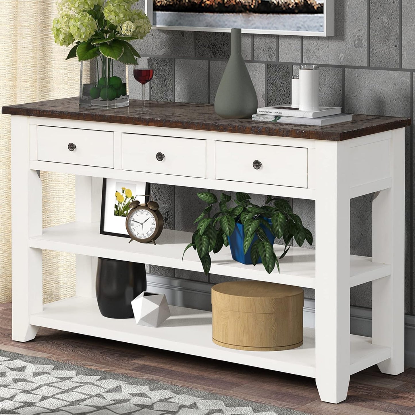 Solid Wood Console Table,Sofa Table with Storage Drawers and Bottom Shelf,Entryway Table for Entry Hallway Foyer Sofa Couch Table,Fully Assembled (48.8" Antique White)