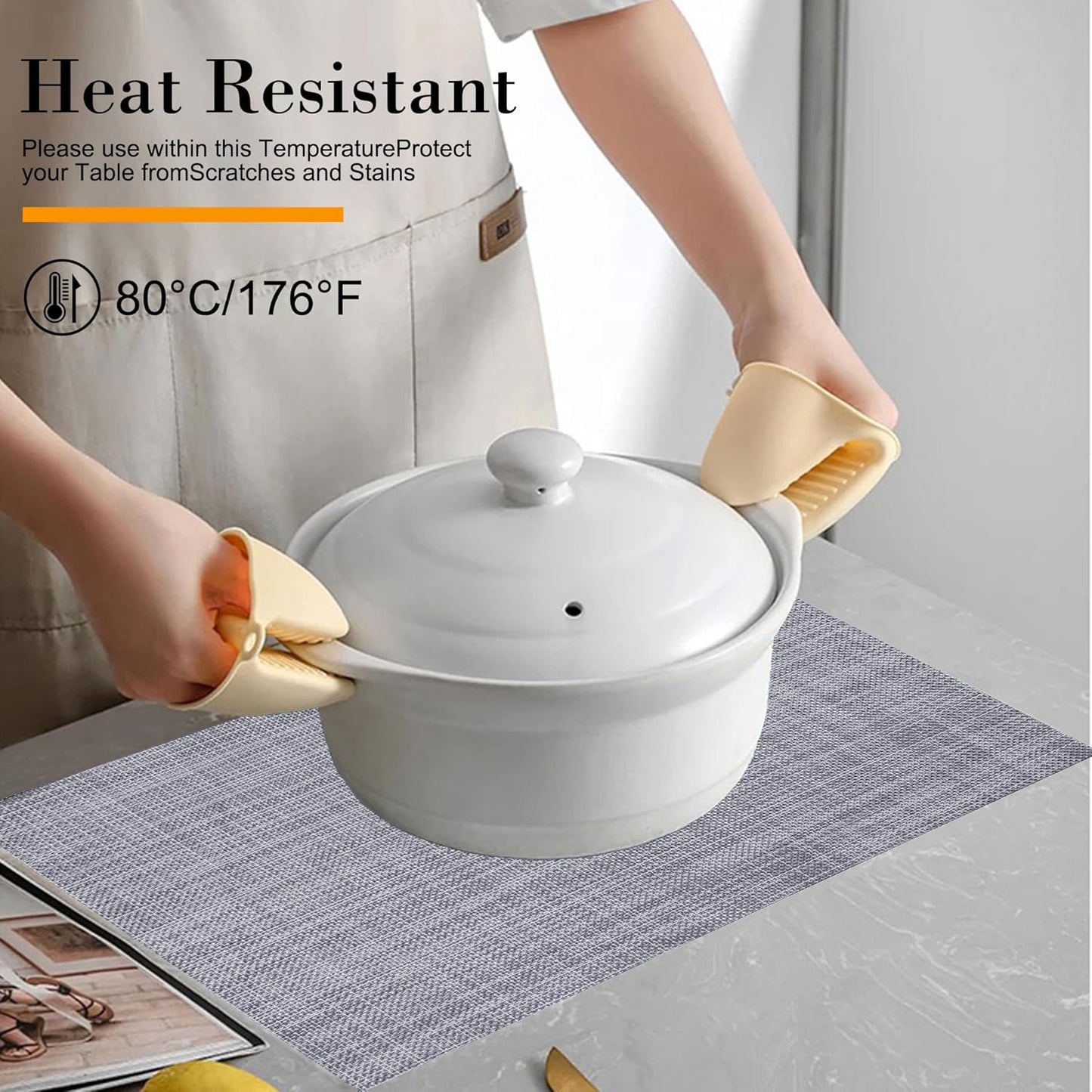 CADONO Placemats Set of 4 Washable Indoor/Outdoor Vinyl Place Mats for Dining Table Durable Non-Slip Heat Resistant PVC Weave Table Mats(Gray)