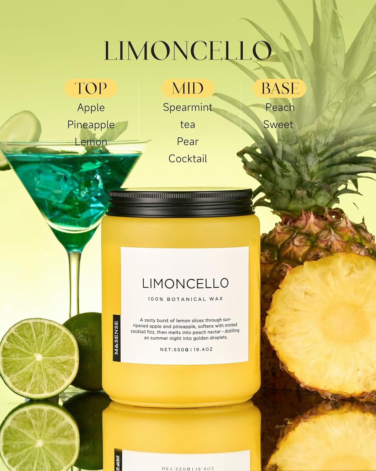 M&SENSE Limocello Summer Scented Candle, 19.4oz 110 Hours Long Lasting Burn Non Toxic Natural Soy Wax Lemon Highly Scented for Home Decor, 2 Wick Relaxing Candle Gifts for Yoga Spa Meditation