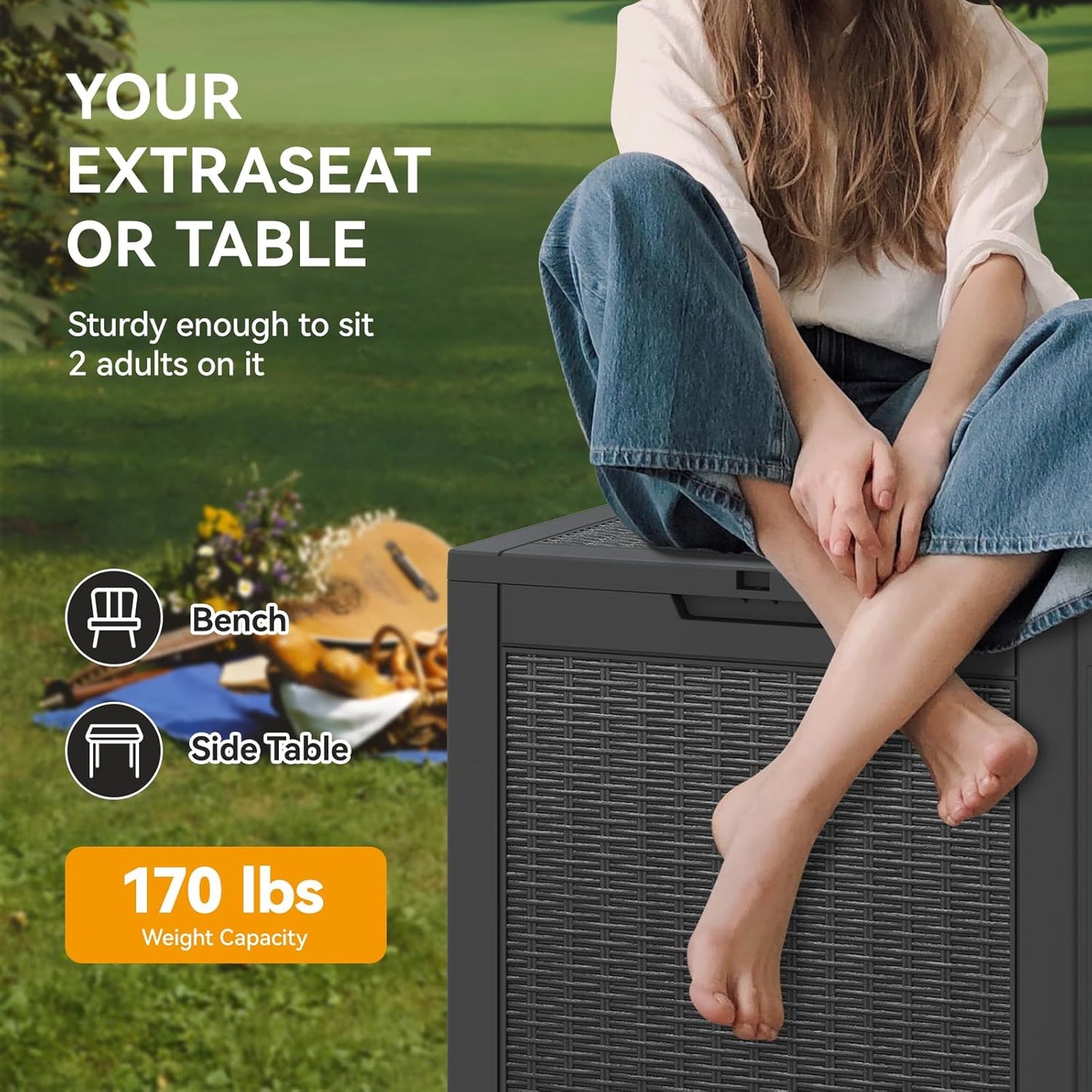 NUNU LAB 30 Gallon Waterproof Outdoor Storage Box, Lockable Resin Deck Box Bench for Patio Cushions, Garden Tools, Pool Accessories & Package Deliveries โ Black
