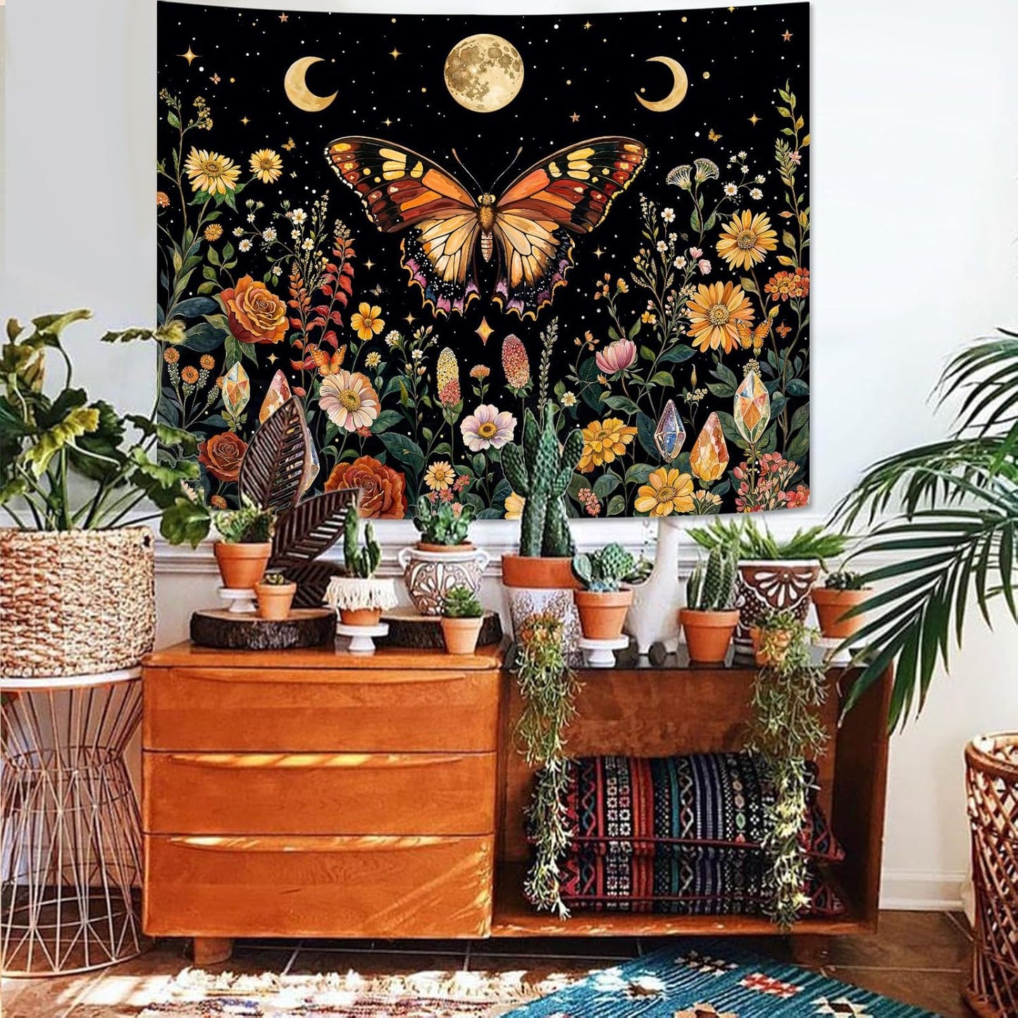 Lunerfex Boho Butterfly Tapestry Flower Moon Wall Tapestry, Moon Phases Tapestries for Bedroom Cute Tapestries Wall Hanging for Bedroom Living Room Decor Butterfly-2 44"x60"