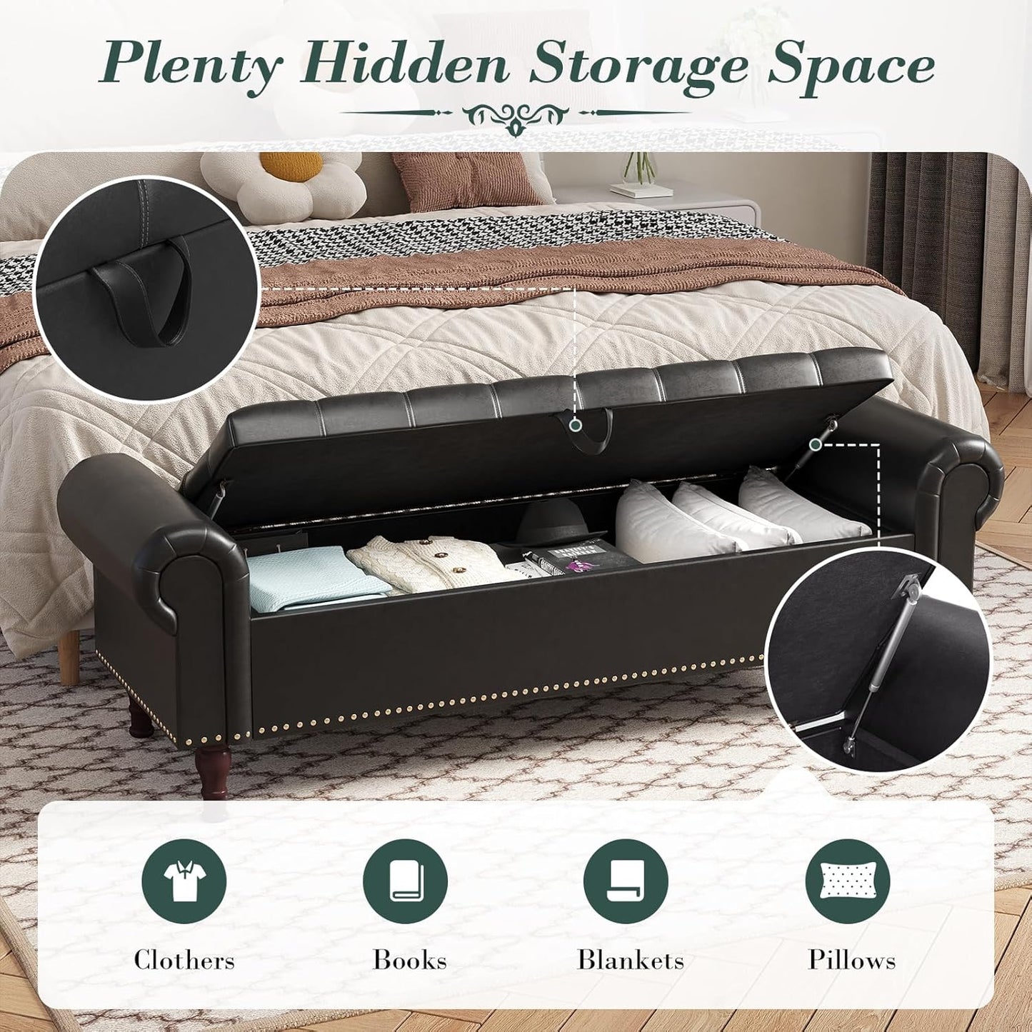 Apicizon 60”Storage Benches, Queen Size Faux Leather Bed Bench with Tufted Button, Upholstered Bench with Rolled Arm and Vintage Rivets for Foot of Bed, Living Room, Entrance,Black