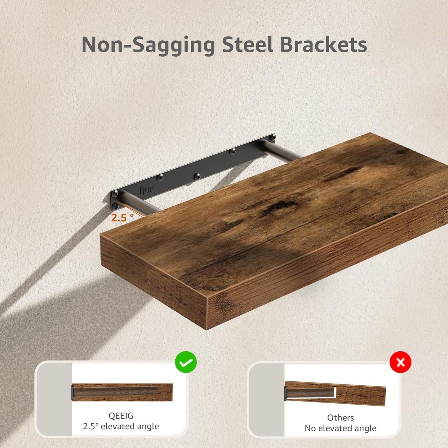 QEEIG Floating Shelves for Wall Bathroom Shelf Bedroom Kitchen Living Room Hanging Book Shelves Small Farmhouse Decor 16 inch Set of 3, Rustic Brown (015-BN3)