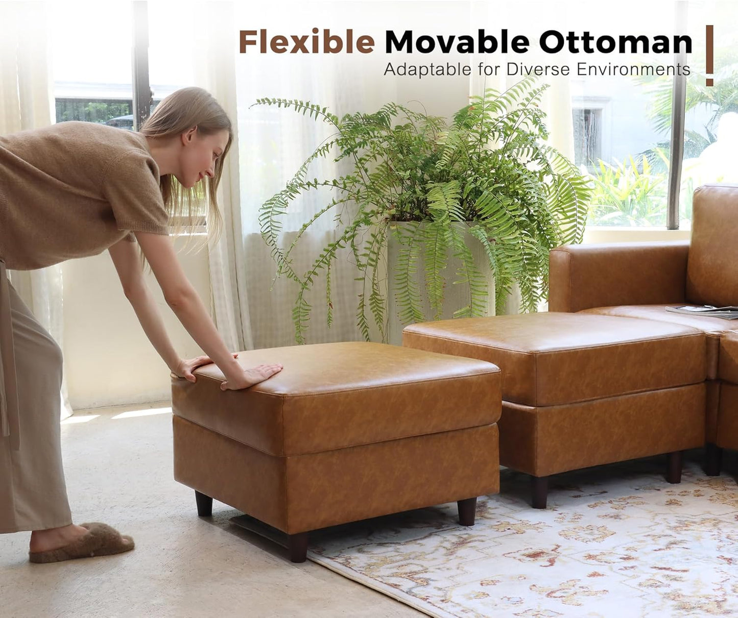 91.5" Faux Leather Modular Sectional Sofa, L Shaped Couch Set for Living Room, 3-Seater Comfy Cloud Couches with Movable Storage Ottoman,DIY Combination - Brown