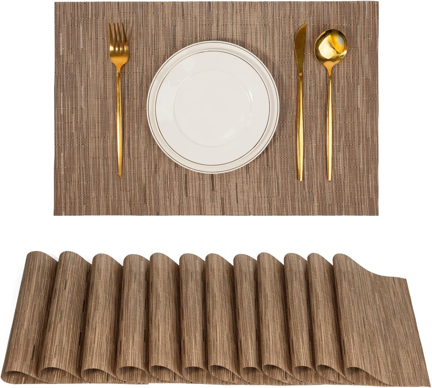 Placemats Set of 12,Non-Slip PVC Weave Table Mats Easy to Clean,Heat Resistant Place Mats for Kitchen Dining Table Decoration Indoor Outdoor,Light Brown