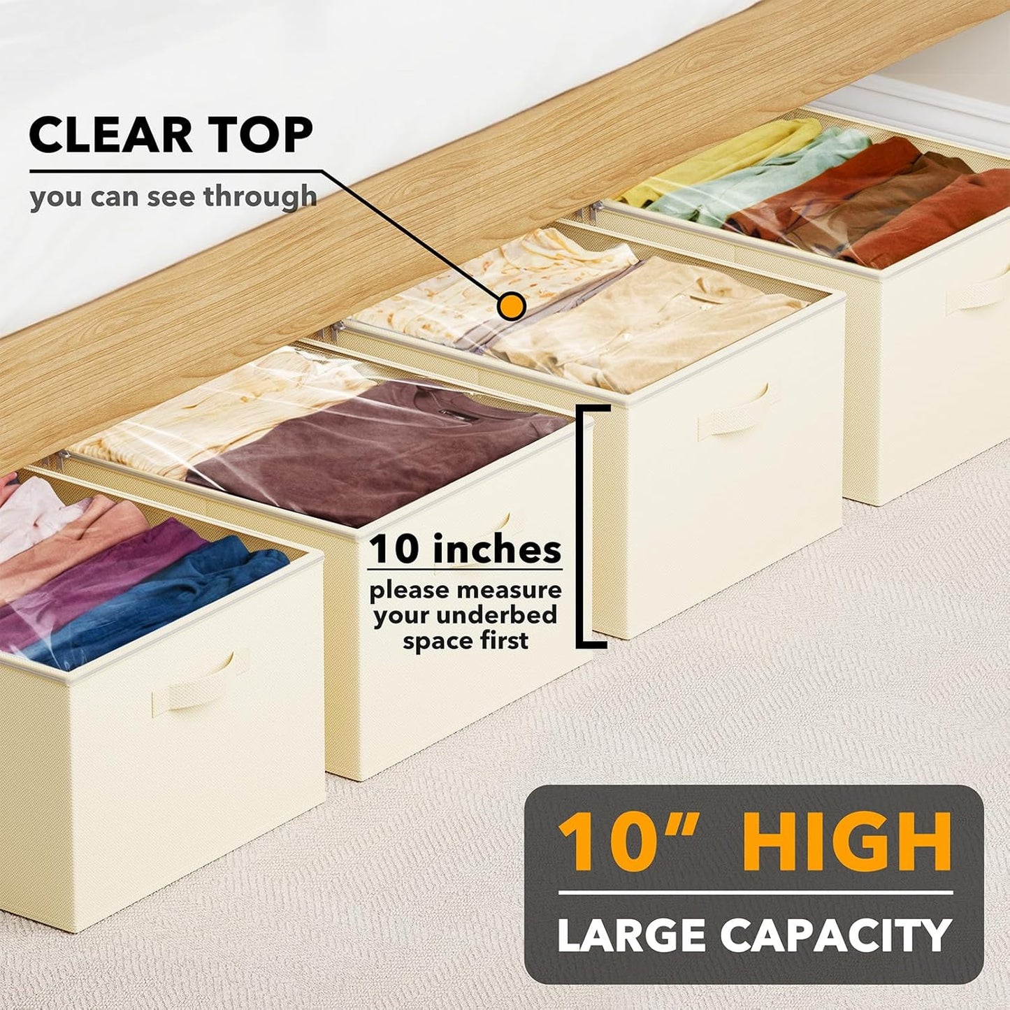 SpaceAid 4 Pack 10" High Under Bed Storage Containers, Large Underbed Storage Organizer Bins with Lids for Bedroom, Dorm, Clothes, Closet Organization, Bed Sheets and Blankets (Beige)