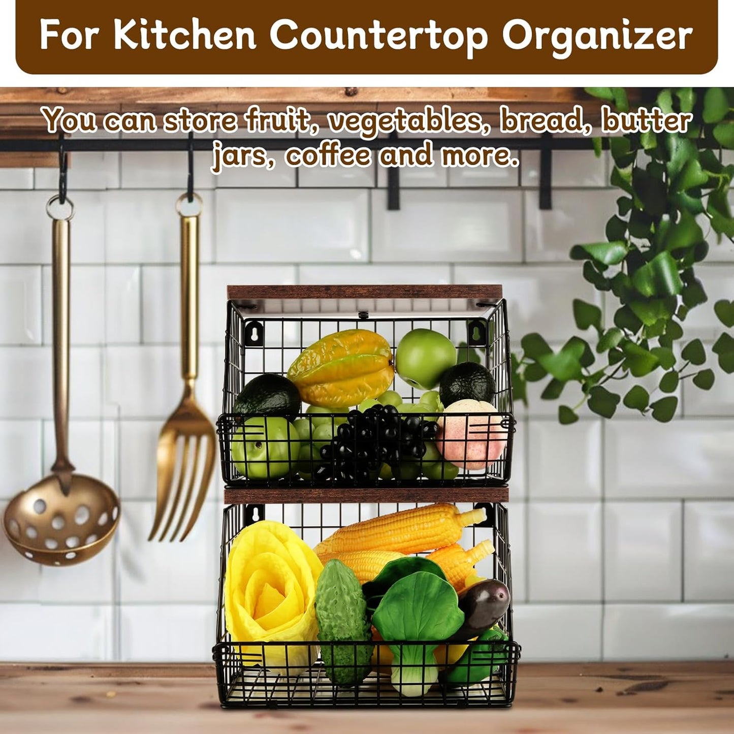 CYEAH 2 Pcs Stackable Fruit Basket for Kitchen, Hanging Wall Fruit Basket with Wood Lid, Space Saving Wall Mounted Mesh Metal Wire Baskets, Kitchen Counter Organizer for Snack, Onion, Potato Storage